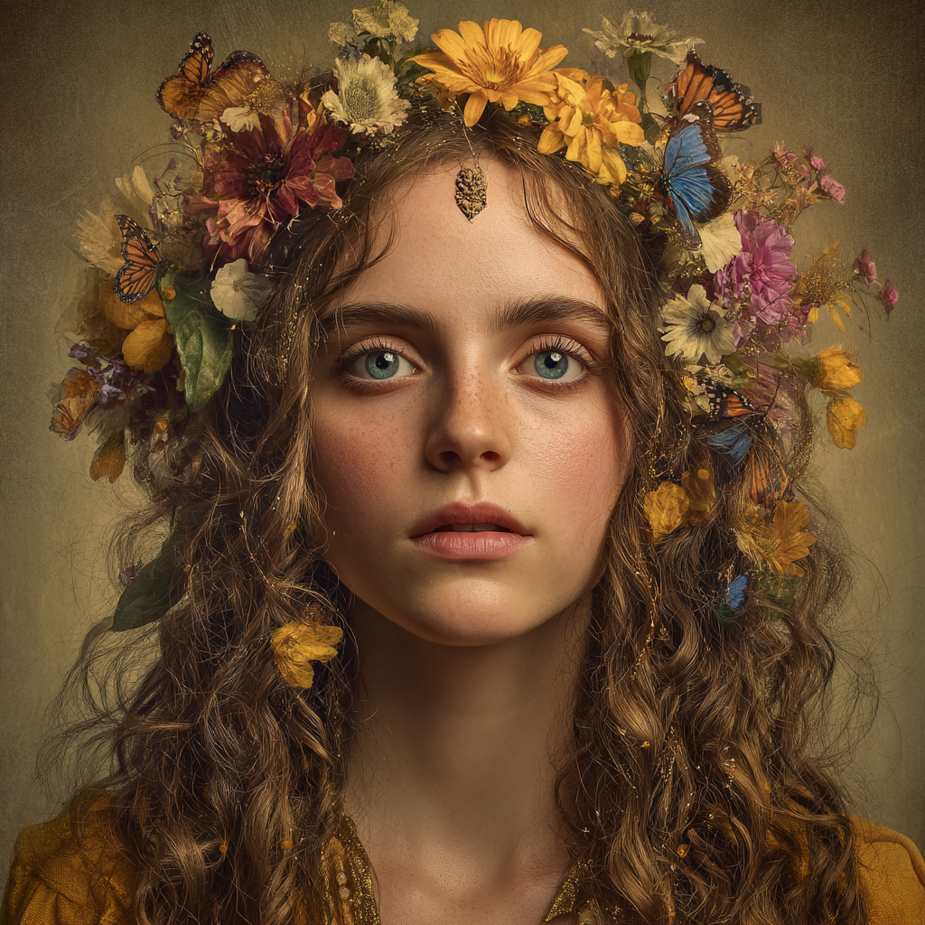 Junge Frau Mit Blumenkrone Und Schmetterlingen | Digital Art | Kunstgattungen