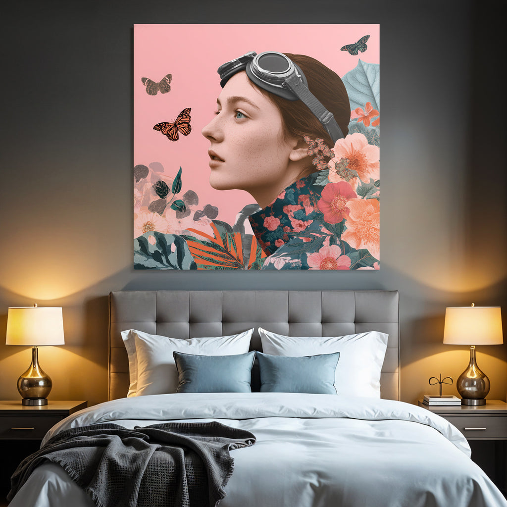 Junge Frau Mit Gehlosen Und Blumen Und Schmetterlingen Rosa Hintergrund