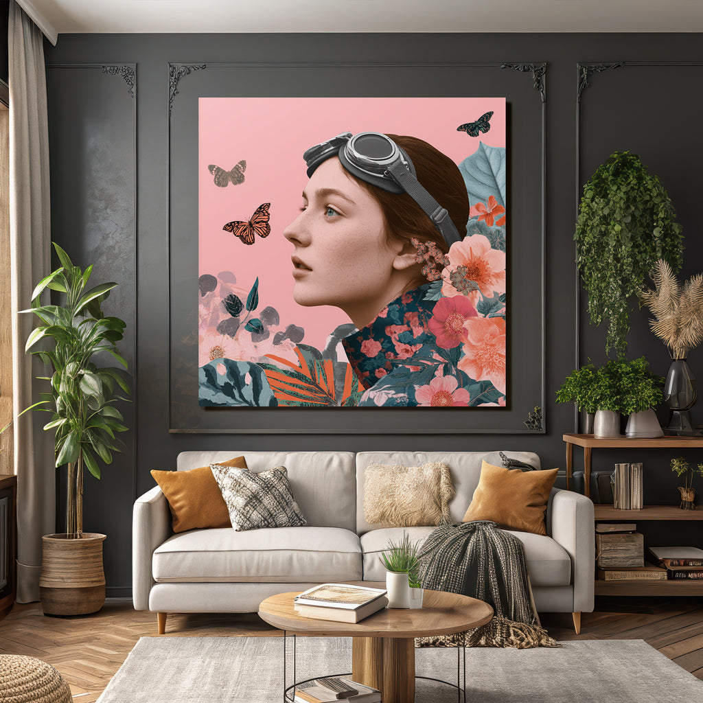 Junge Frau Mit Gehlosen Und Blumen Und Schmetterlingen Rosa Hintergrund