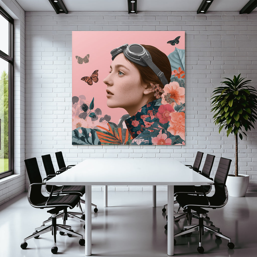 Junge Frau Mit Gehlosen Und Blumen Und Schmetterlingen Rosa Hintergrund