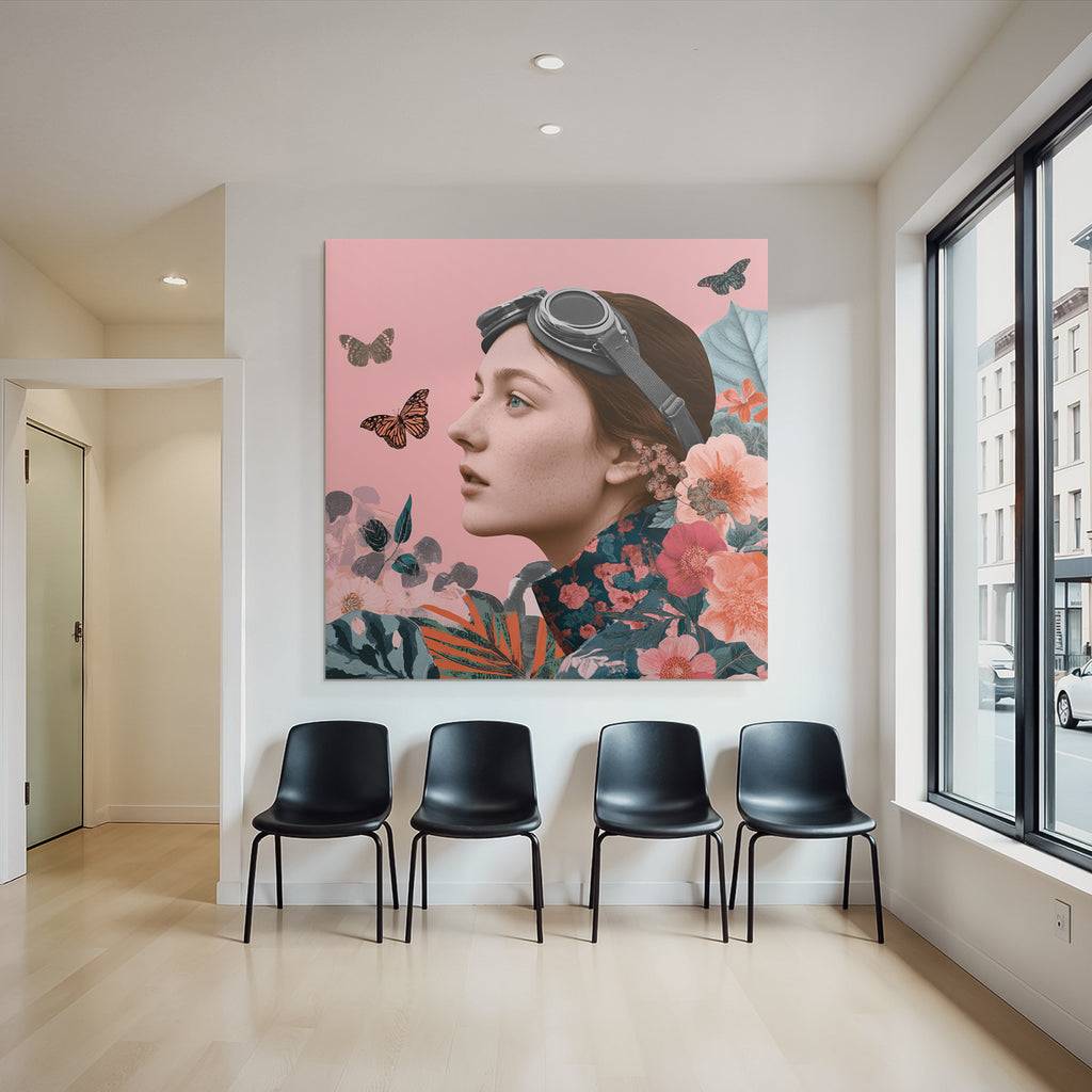 Junge Frau Mit Gehlosen Und Blumen Und Schmetterlingen Rosa Hintergrund