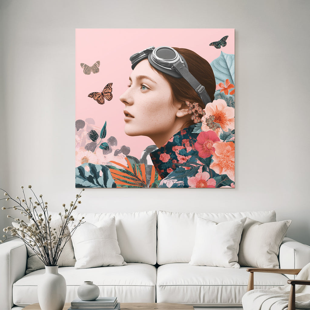 Junge Frau Mit Gehlosen Und Blumen Und Schmetterlingen Rosa Hintergrund