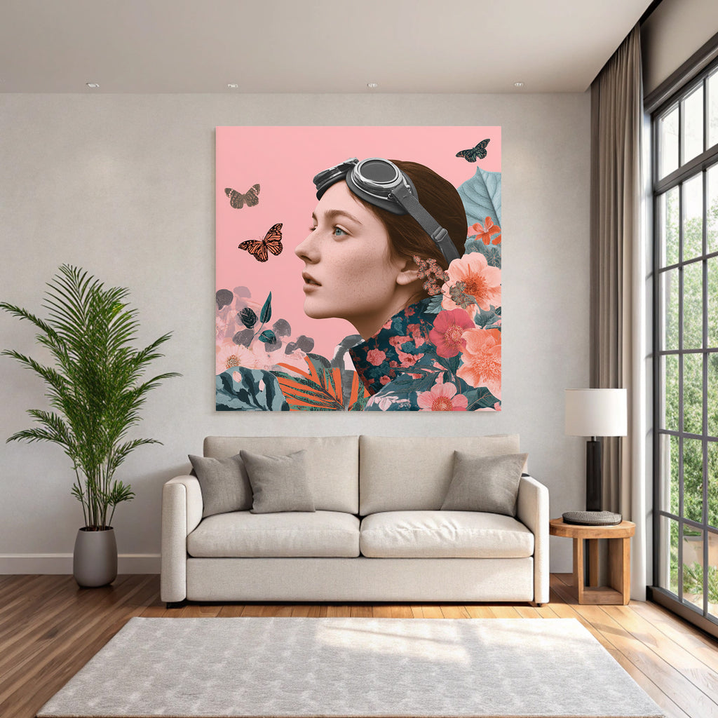Junge Frau Mit Gehlosen Und Blumen Und Schmetterlingen Rosa Hintergrund
