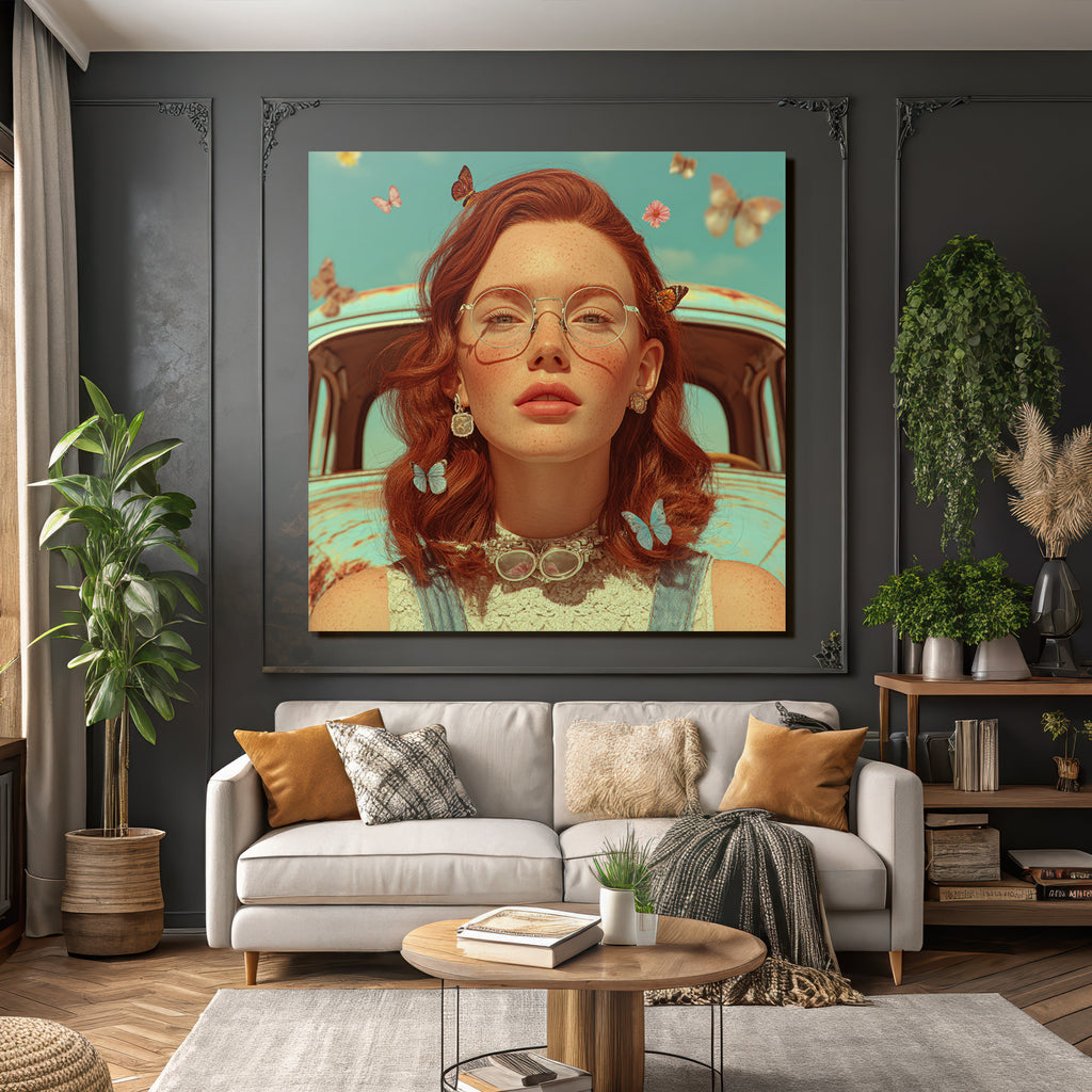 Junge Frau Mit Rotem Haar Und Freunden Im Freien Mit Butterflies Und Blumen