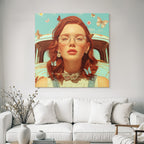 Junge Frau Mit Rotem Haar Und Freunden Im Freien Mit Butterflies Und Blumen