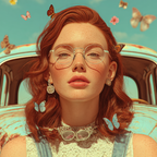 Junge Frau Mit Rotem Haar Und Freunden Im Freien Mit Butterflies Und Blumen | Digital Art | Kunstgattungen
