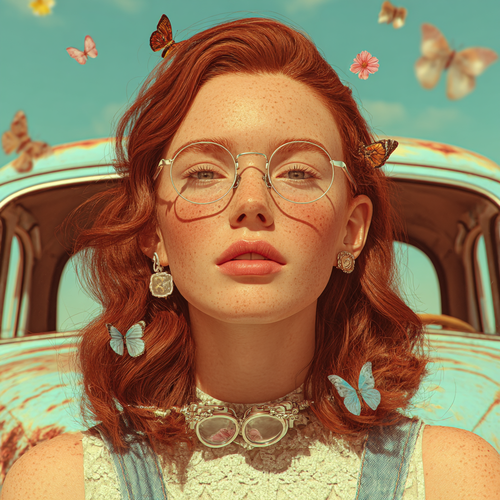 Junge Frau Mit Rotem Haar Und Freunden Im Freien Mit Butterflies Und Blumen | Digital Art | Kunstgattungen