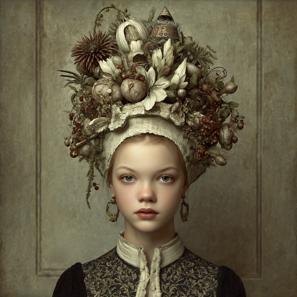 Junger Mensch Mit Blumen Fruechten Und Dekorativem Kopfschmuck | Digital Art | Kunstgattungen