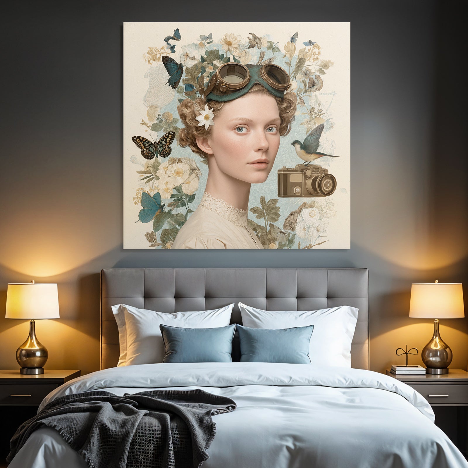 Junges Frau Portrait Mit Goggles Blumen Und Butterflies Vintage Kamera