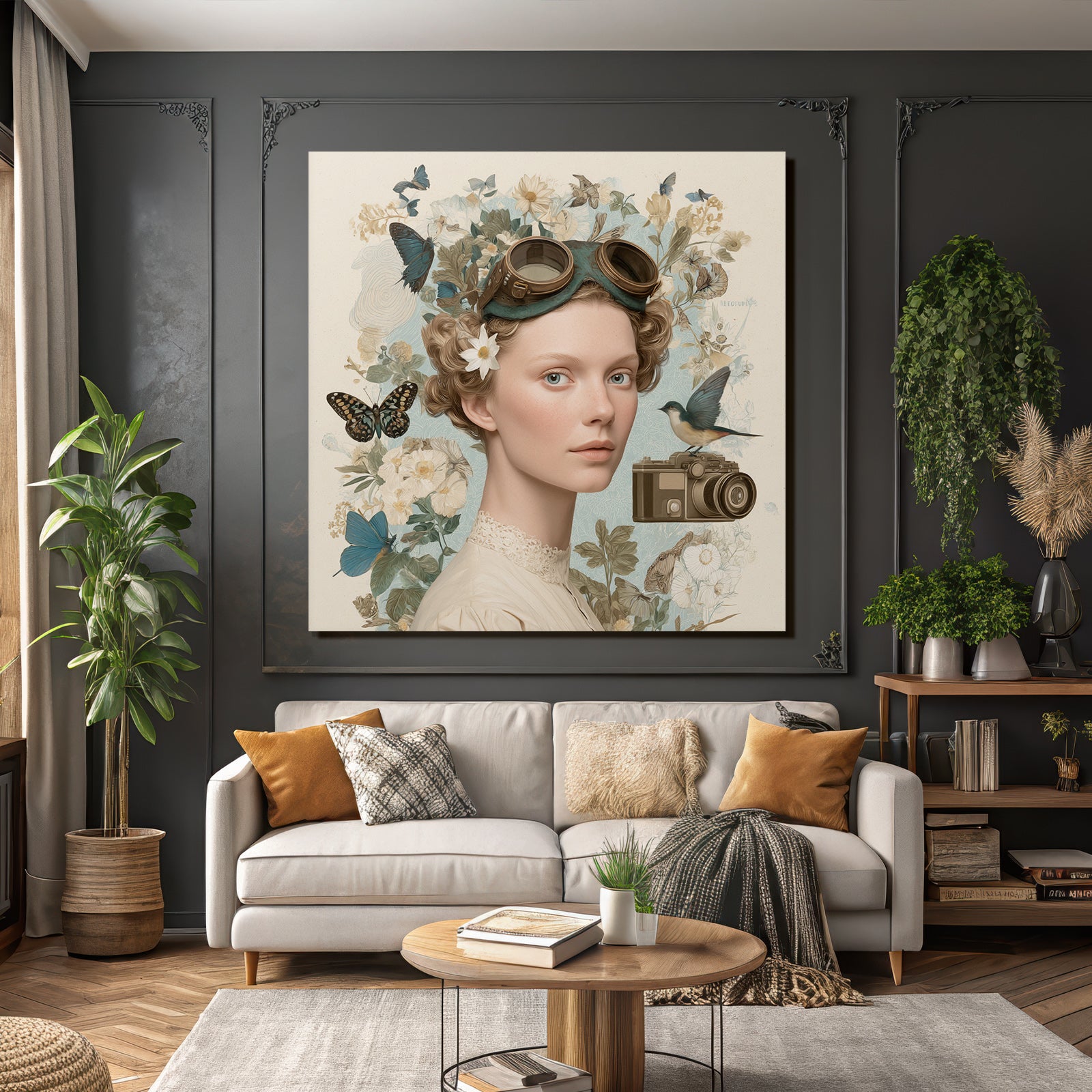 Junges Frau Portrait Mit Goggles Blumen Und Butterflies Vintage Kamera