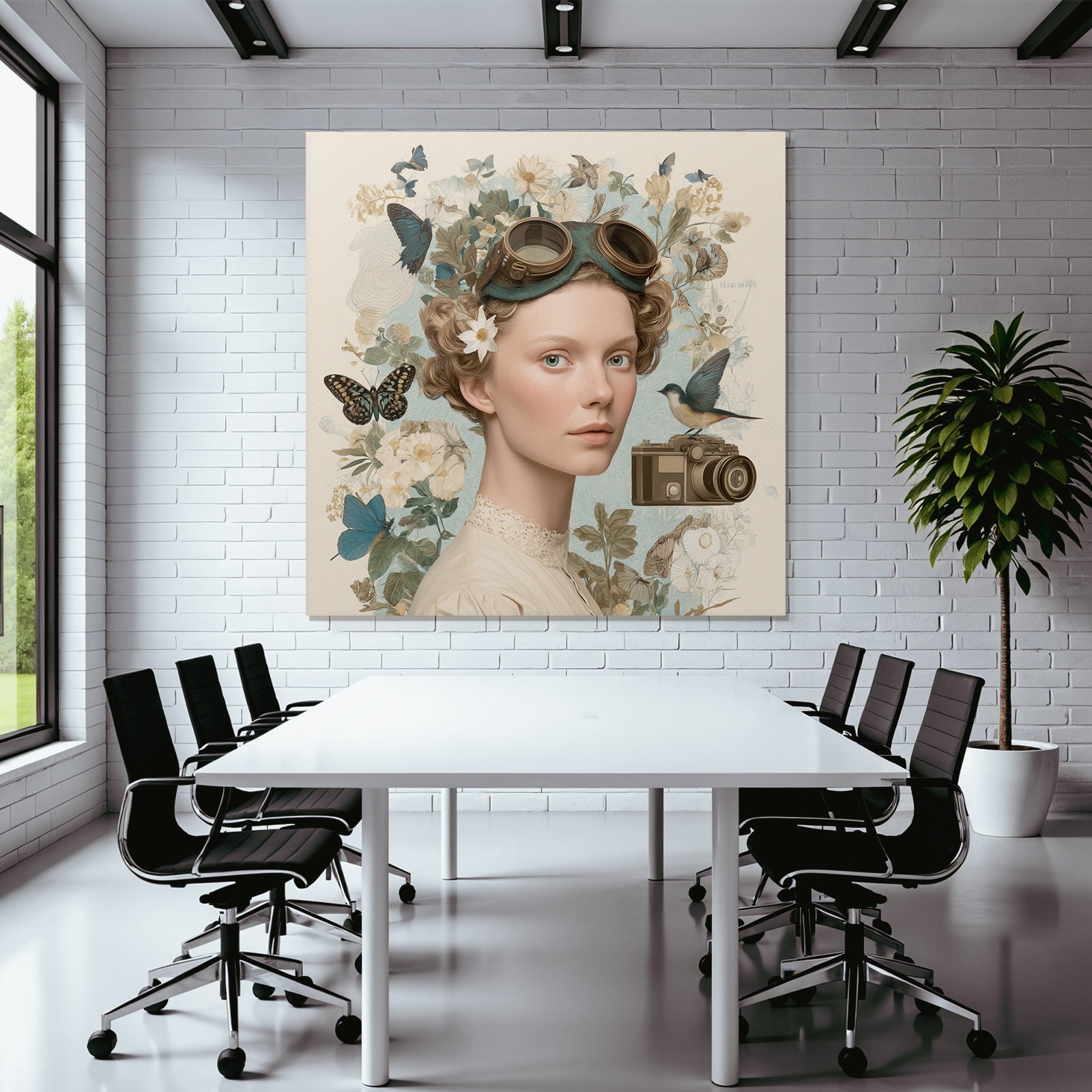 Junges Frau Portrait Mit Goggles Blumen Und Butterflies Vintage Kamera
