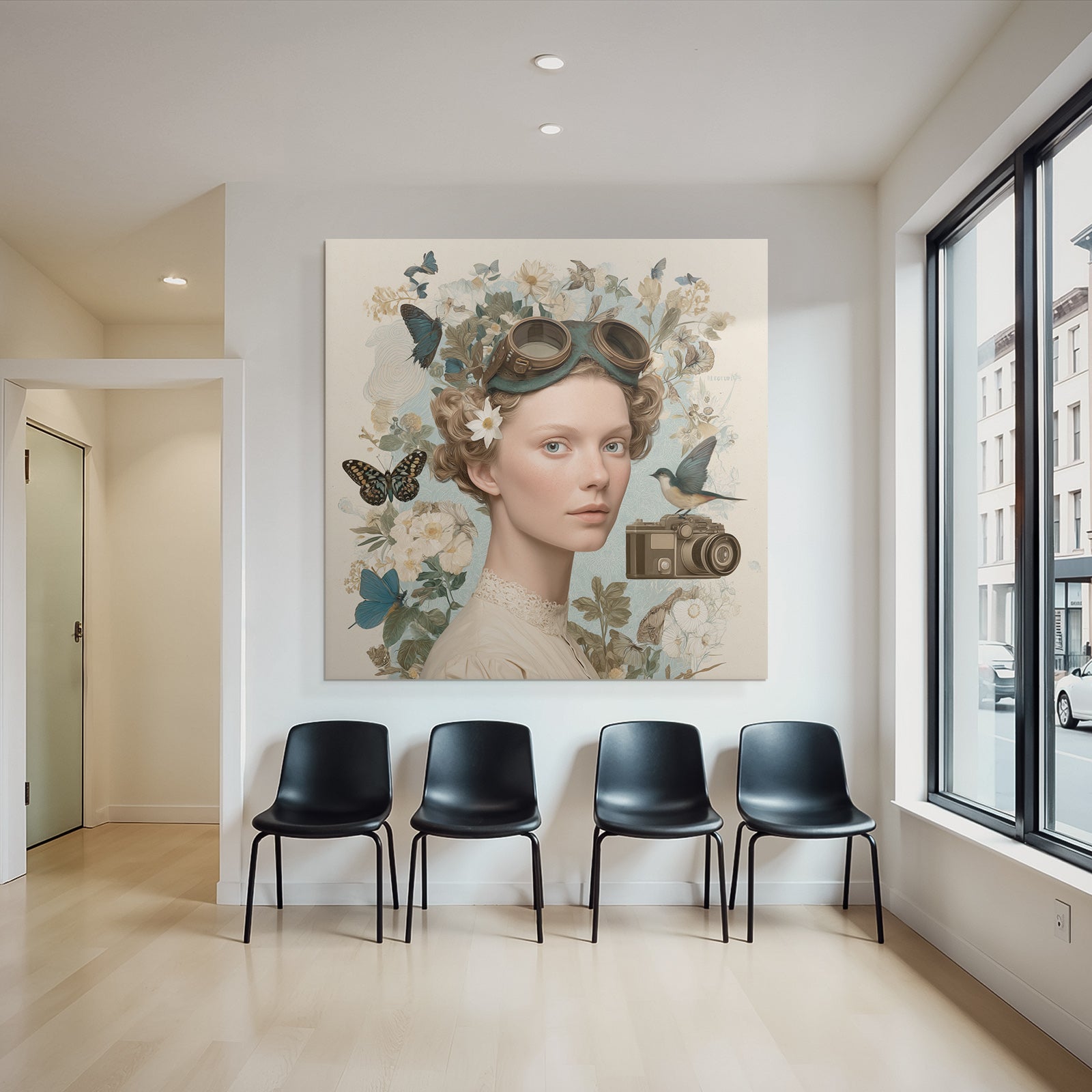 Junges Frau Portrait Mit Goggles Blumen Und Butterflies Vintage Kamera