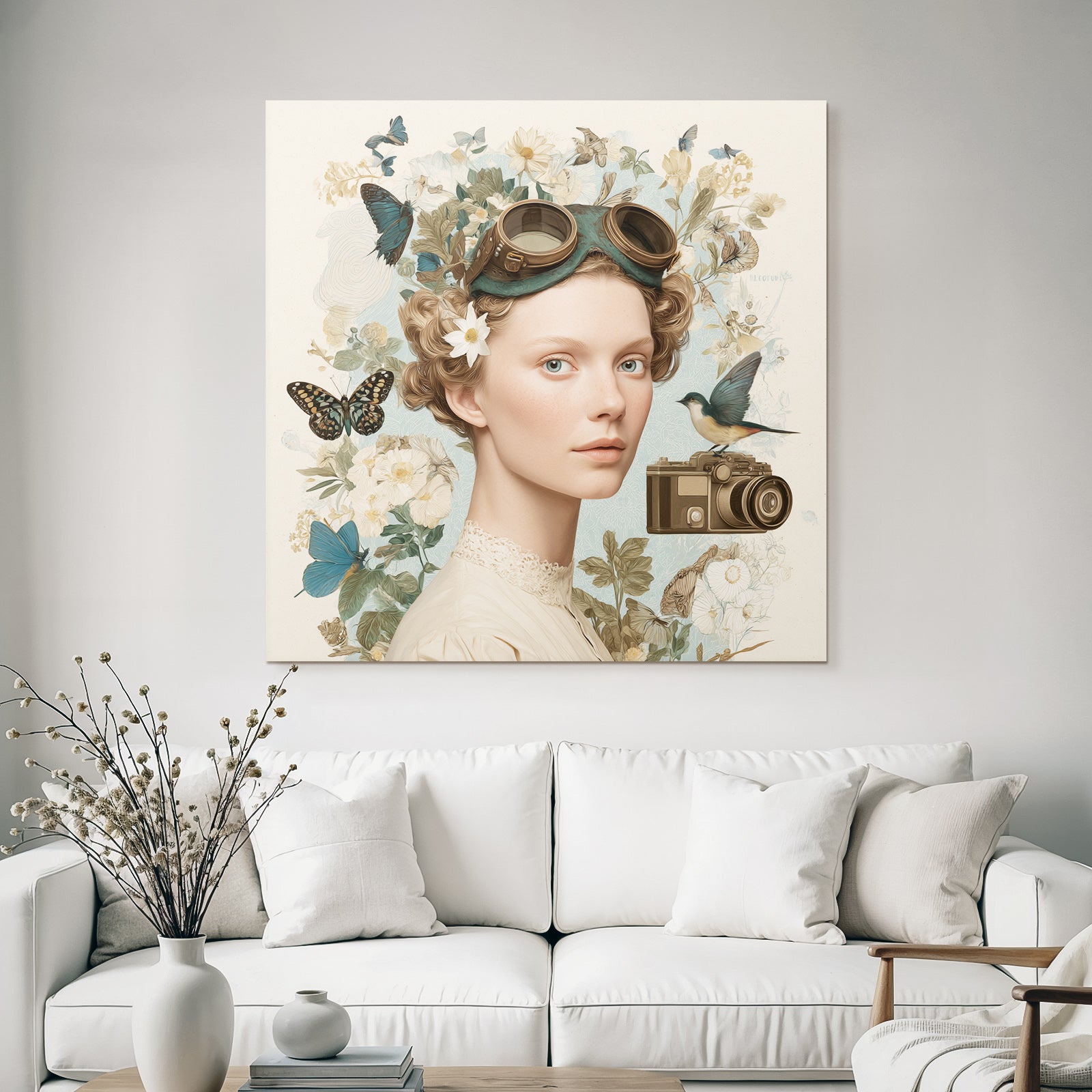 Junges Frau Portrait Mit Goggles Blumen Und Butterflies Vintage Kamera