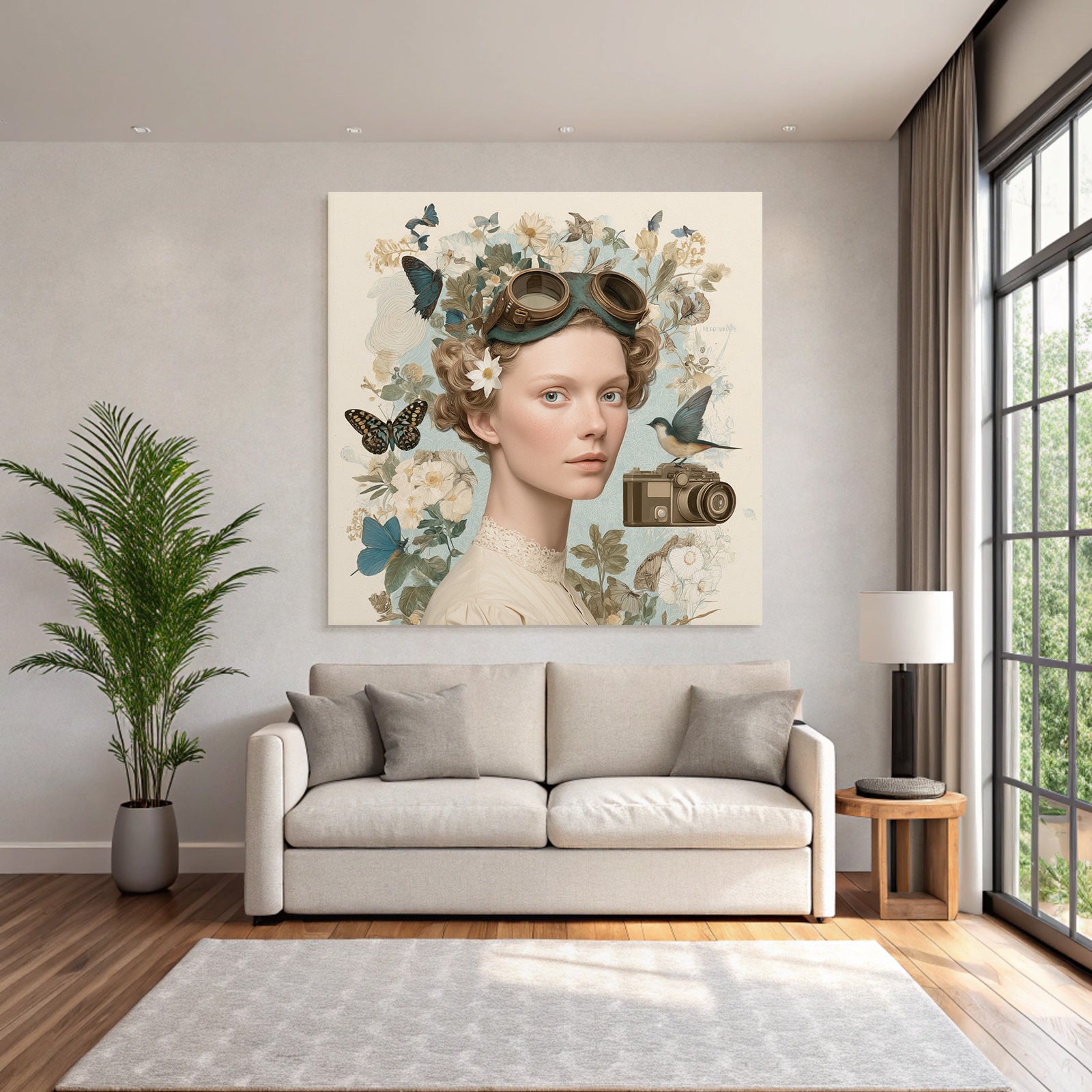 Junges Frau Portrait Mit Goggles Blumen Und Butterflies Vintage Kamera