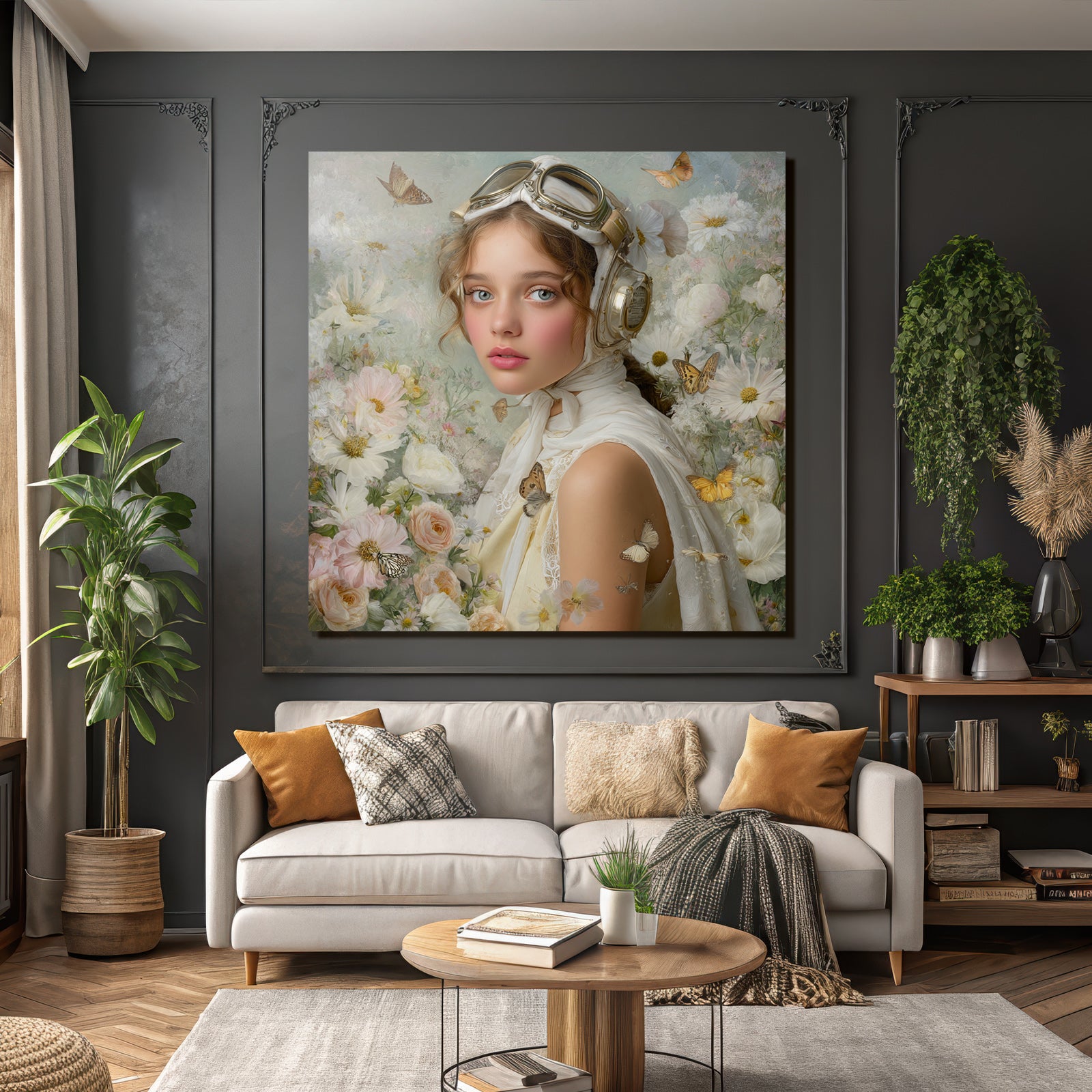 Junges Maedchen Mit Vintage Goggles Und Blumen Und Schmetterlingen