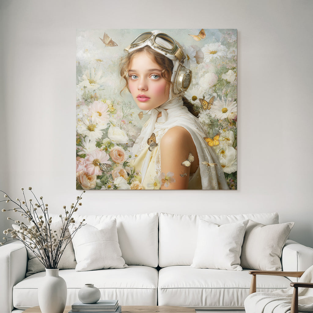 Junges Maedchen Mit Vintage Goggles Und Blumen Und Schmetterlingen