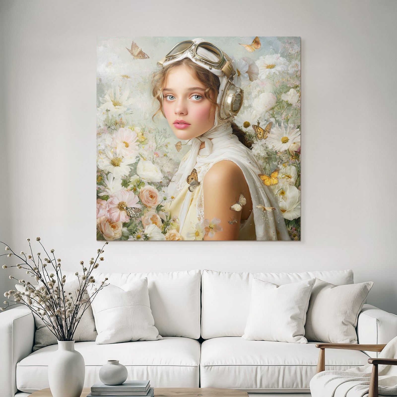 Junges Maedchen Mit Vintage Goggles Und Blumen Und Schmetterlingen