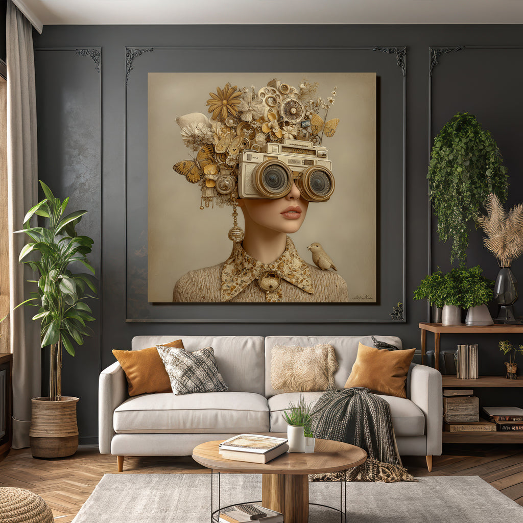 Creative hairstyle with flowers, butterflies, camera and bird