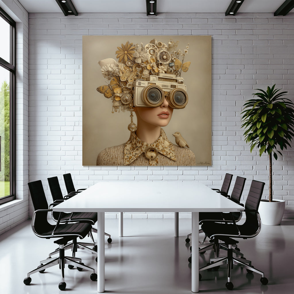 Creative hairstyle with flowers, butterflies, camera and bird