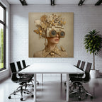 Creative hairstyle with flowers, butterflies, camera and bird