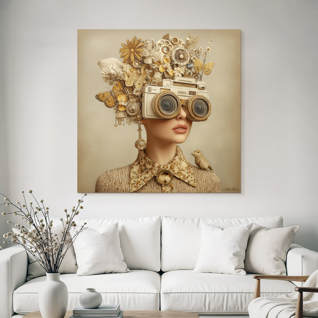 Creative hairstyle with flowers, butterflies, camera and bird