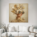 Creative hairstyle with flowers, butterflies, camera and bird
