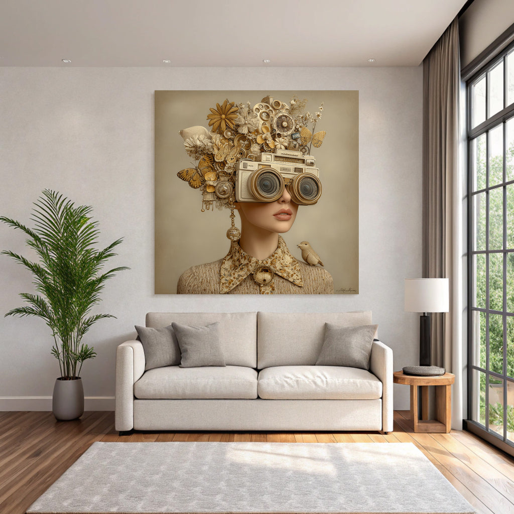 Creative hairstyle with flowers, butterflies, camera and bird