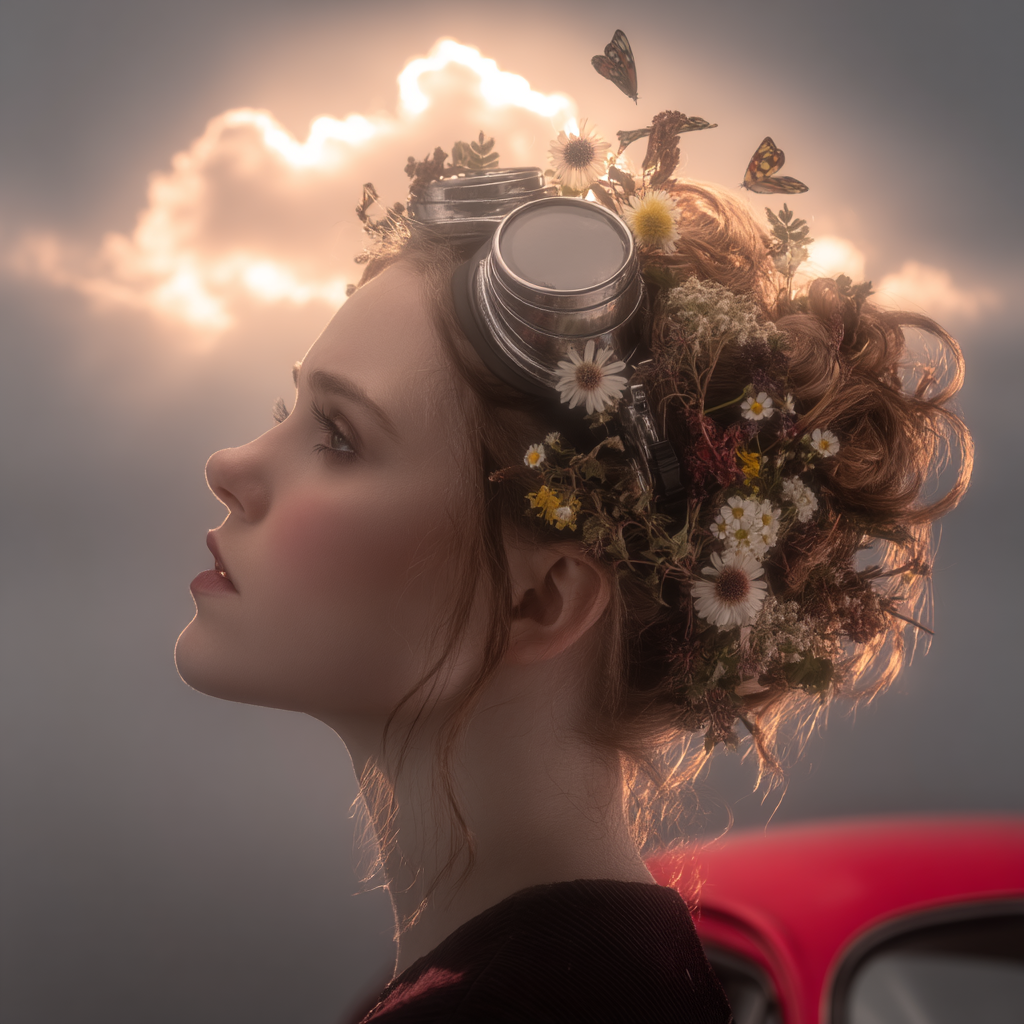 Kreatives Portrait Frau Blumen Frisur Fantasy Steampunk Himmel Auto | Digital Art | Kunstgattungen