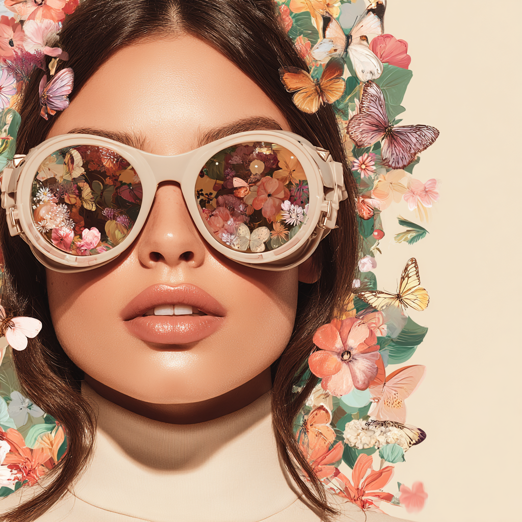 Nahaufnahme Sonnenbrille Blumen Schmetterlinge Modisch Frisch | Digital Art | Kunstgattungen