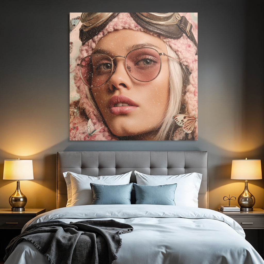 Naheaufnahme Portrait Einer Person Mit Blonden Haar Und Pinken Brillen