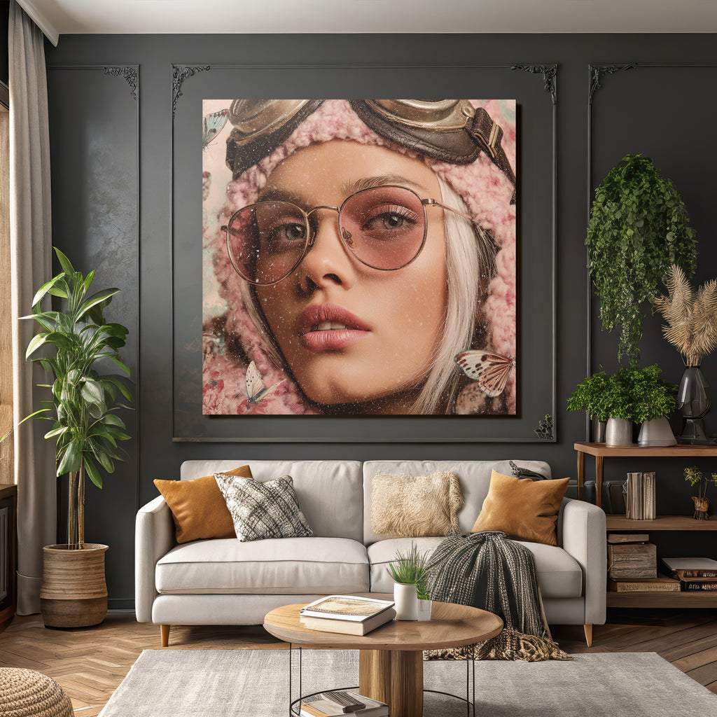 Naheaufnahme Portrait Einer Person Mit Blonden Haar Und Pinken Brillen