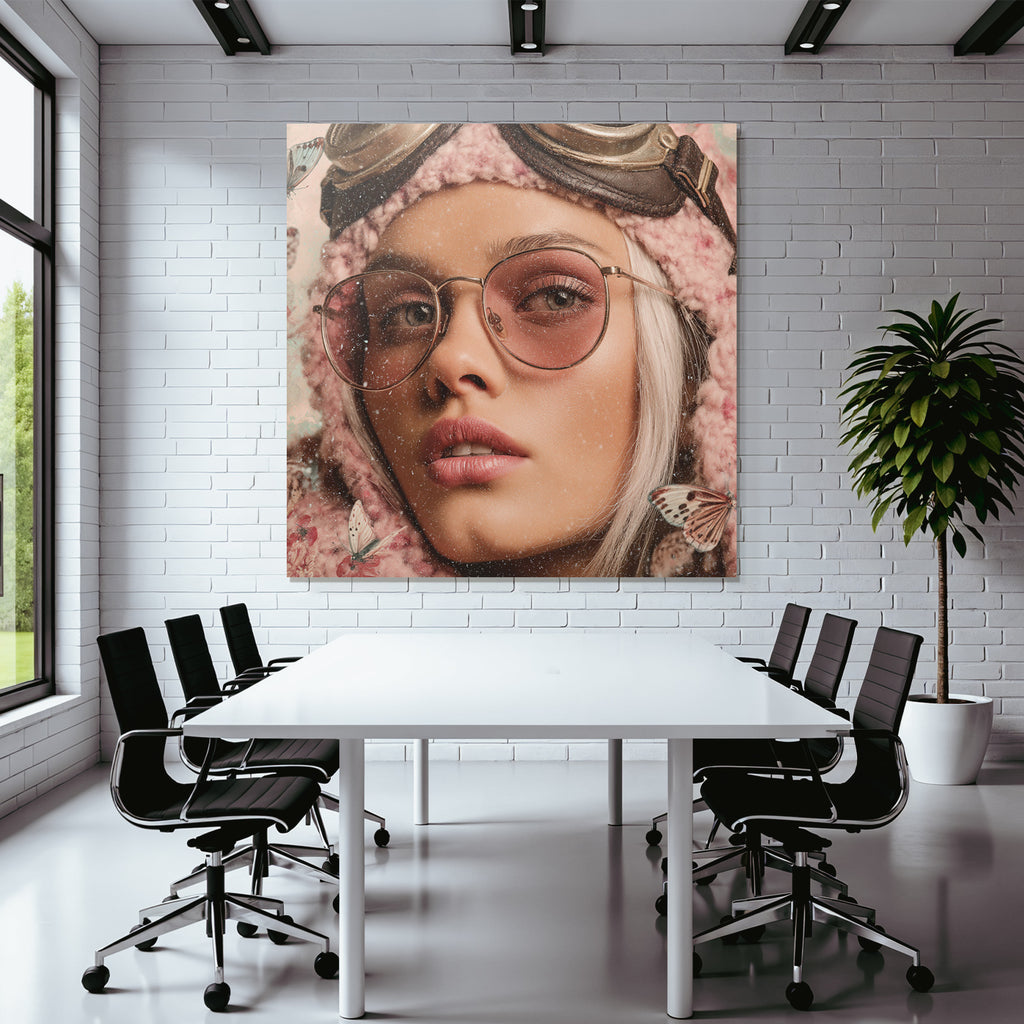 Naheaufnahme Portrait Einer Person Mit Blonden Haar Und Pinken Brillen