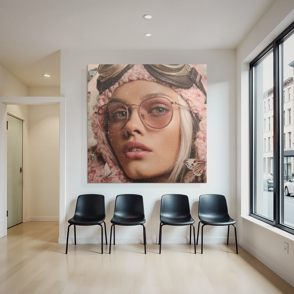 Naheaufnahme Portrait Einer Person Mit Blonden Haar Und Pinken Brillen