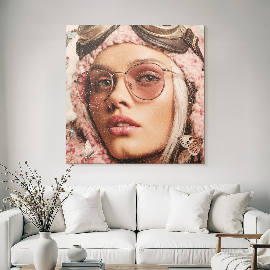 Naheaufnahme Portrait Einer Person Mit Blonden Haar Und Pinken Brillen