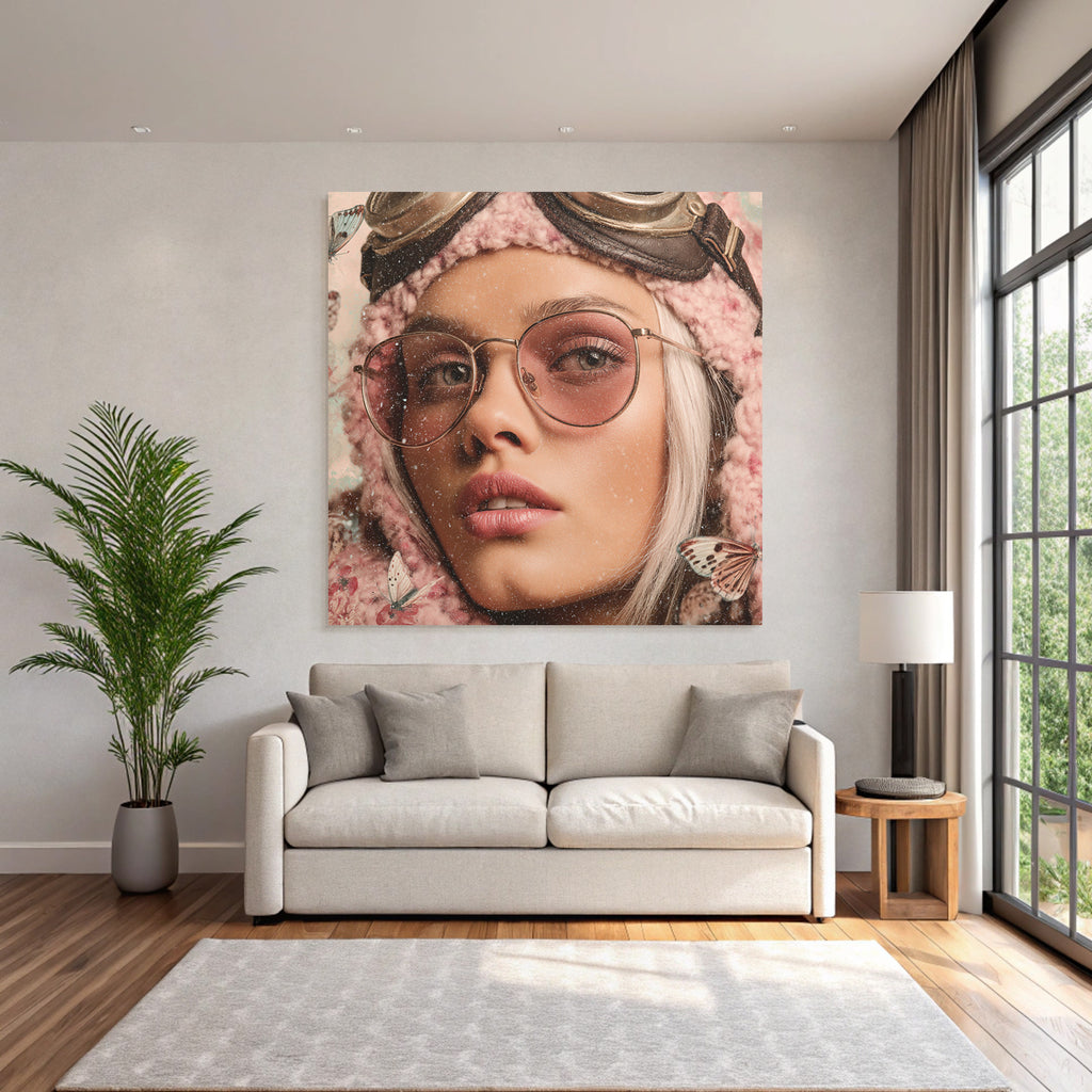 Naheaufnahme Portrait Einer Person Mit Blonden Haar Und Pinken Brillen