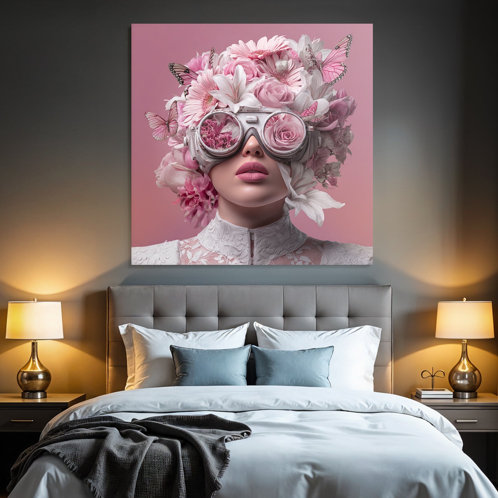 Person Mit Blumenhaube Und Brille Reflektierend Blumenmuster Surrealer Hintergrund