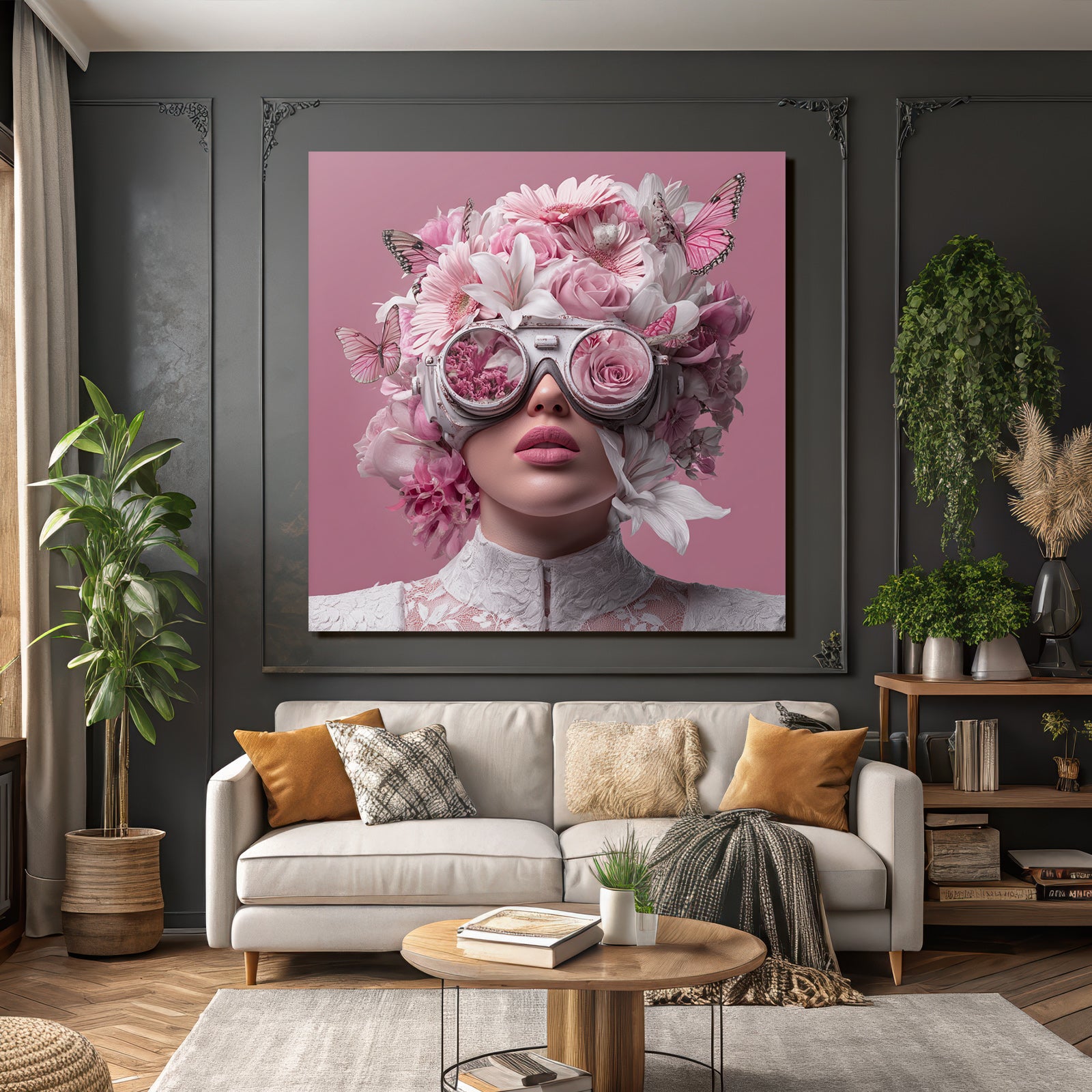 Person Mit Blumenhaube Und Brille Reflektierend Blumenmuster Surrealer Hintergrund