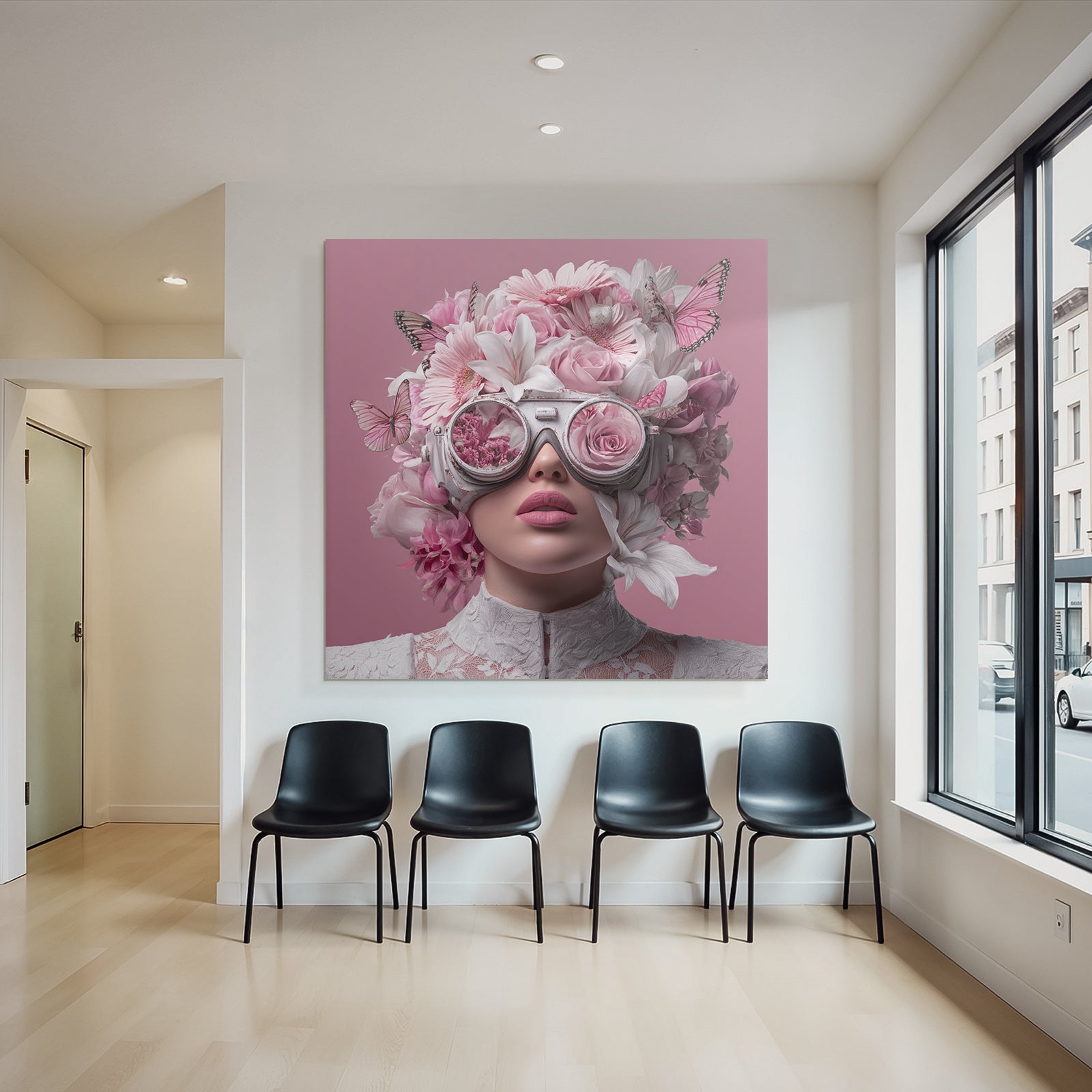 Person Mit Blumenhaube Und Brille Reflektierend Blumenmuster Surrealer Hintergrund