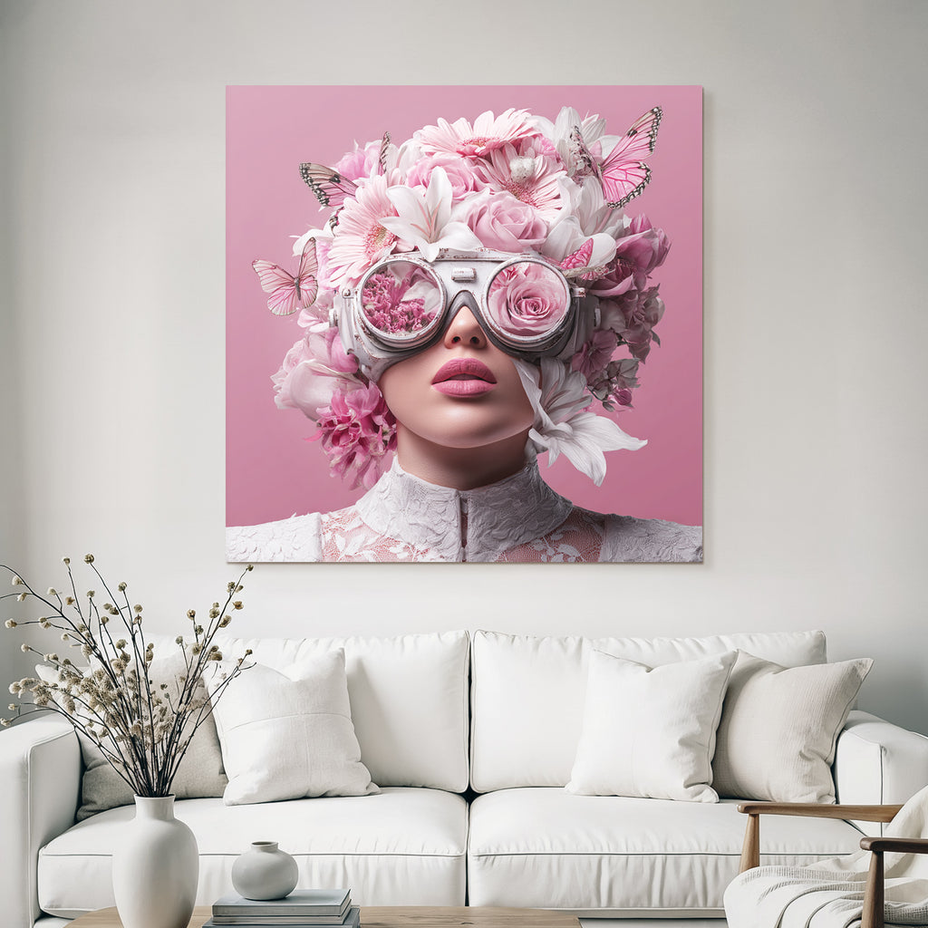 Person Mit Blumenhaube Und Brille Reflektierend Blumenmuster Surrealer Hintergrund