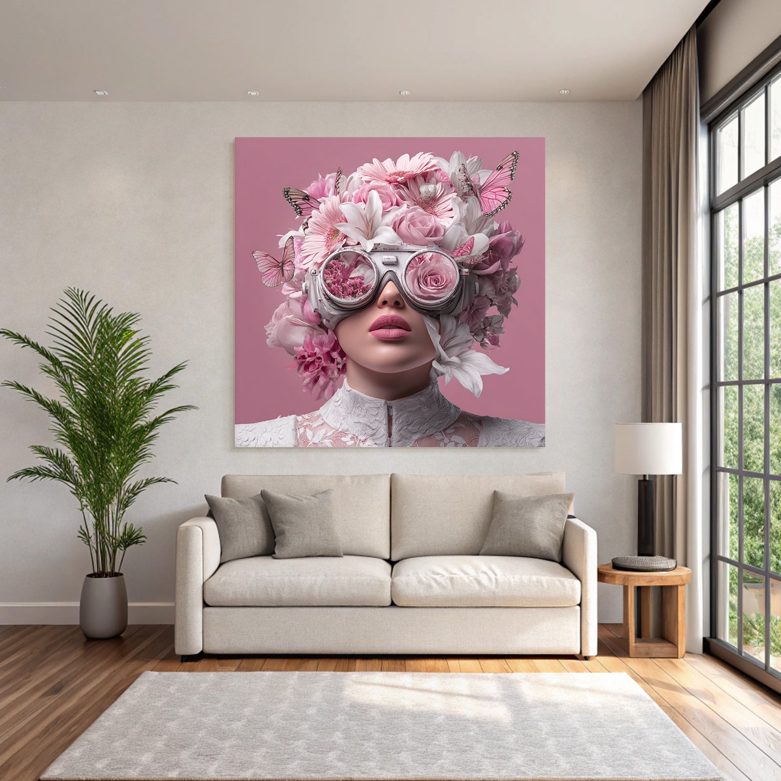 Person Mit Blumenhaube Und Brille Reflektierend Blumenmuster Surrealer Hintergrund