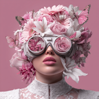 Person Mit Blumenhaube Und Brille Reflektierend Blumenmuster Surrealer Hintergrund | Digital Art | Kunstgattungen