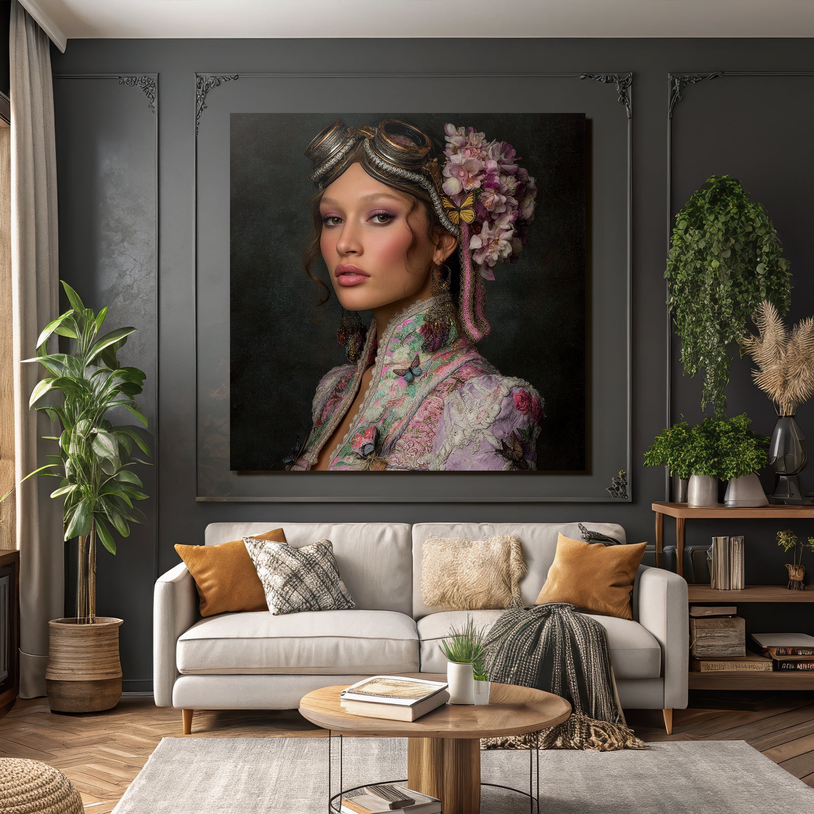 Portraet Der Frau Mit Accessoires Und Flora Und Fauna