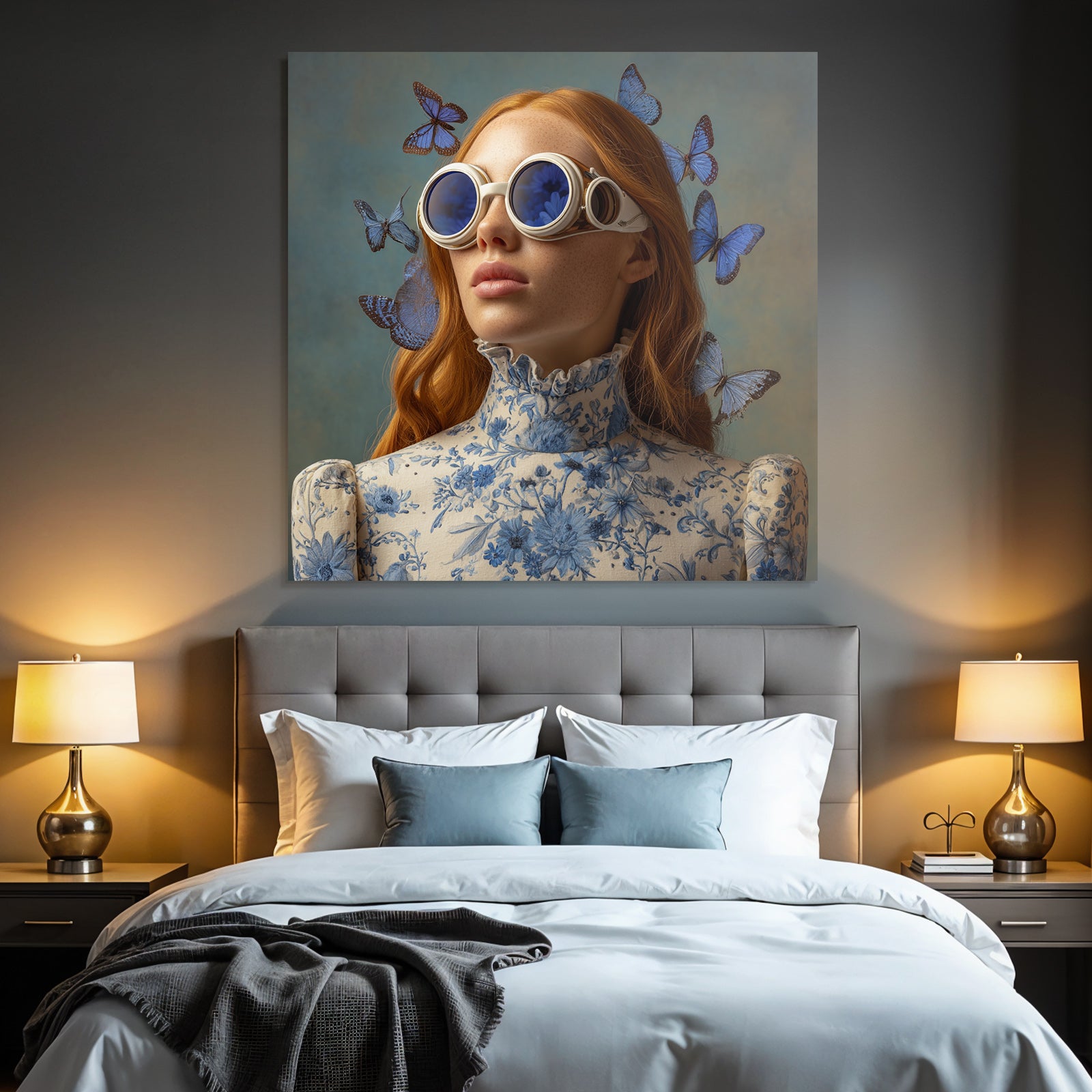 Roter Haar Model Mit Brillenschmuck Flowerkleid Und Blauen Schmetterlingen