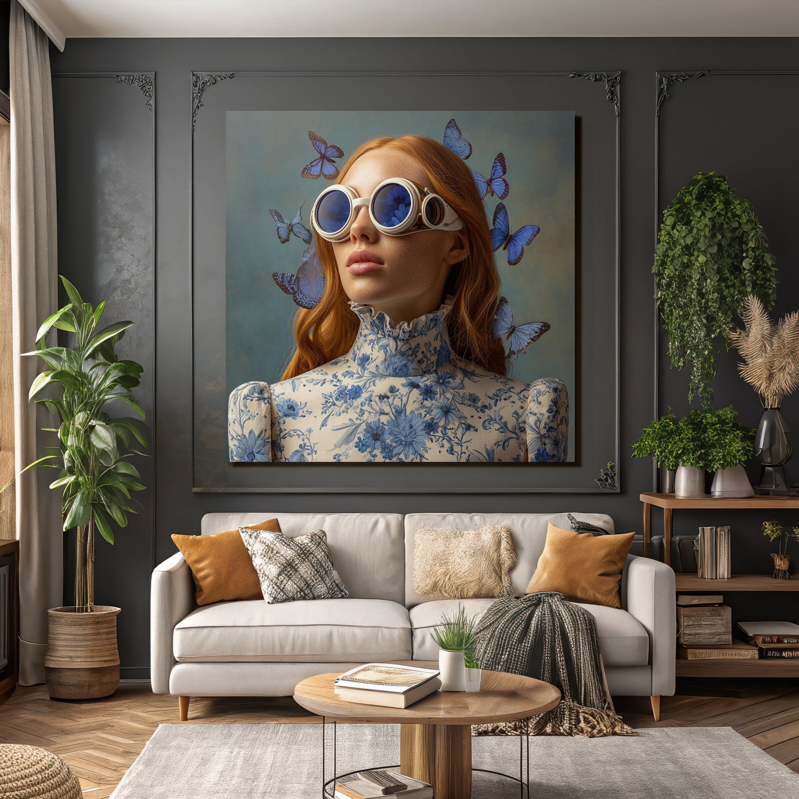 Roter Haar Model Mit Brillenschmuck Flowerkleid Und Blauen Schmetterlingen