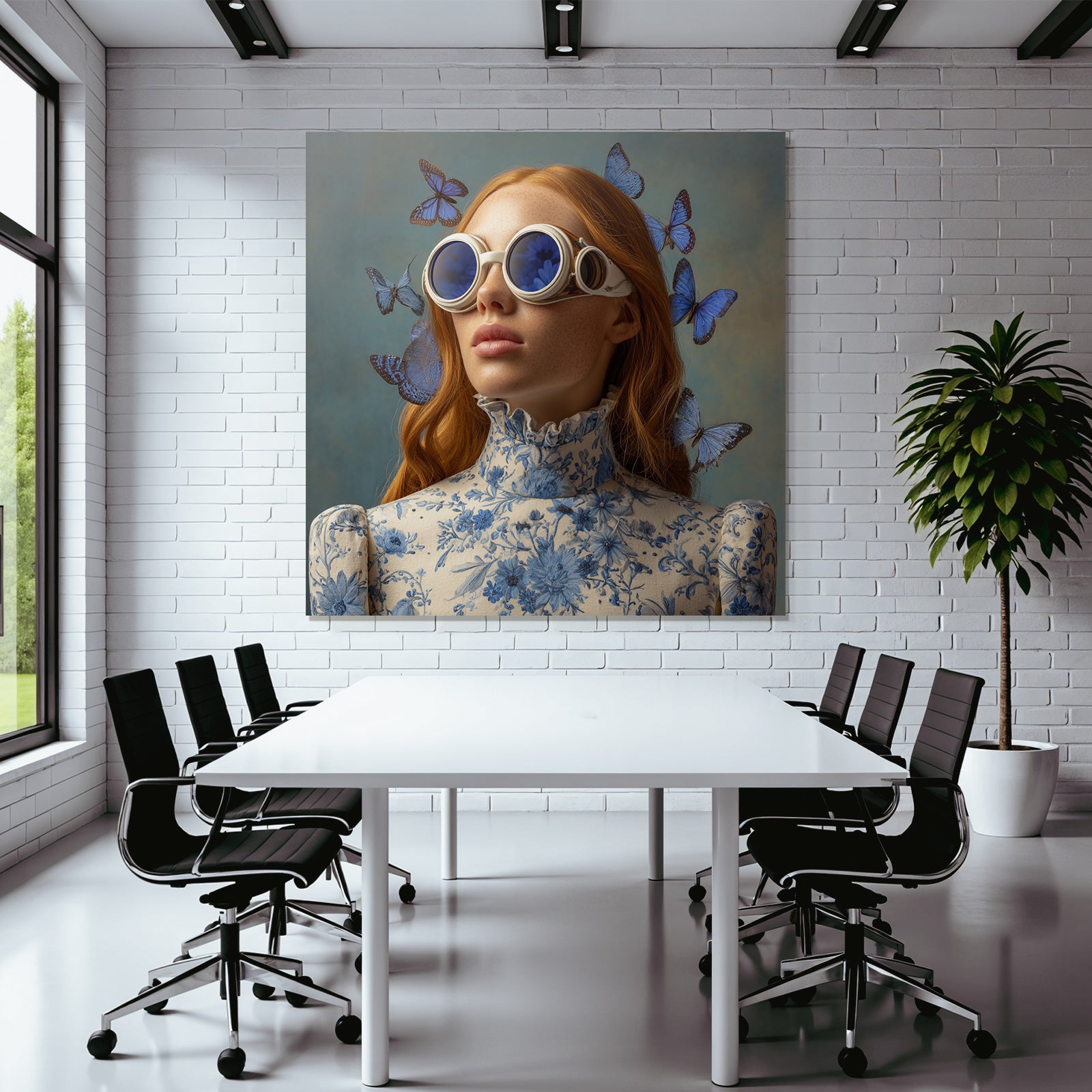 Roter Haar Model Mit Brillenschmuck Flowerkleid Und Blauen Schmetterlingen