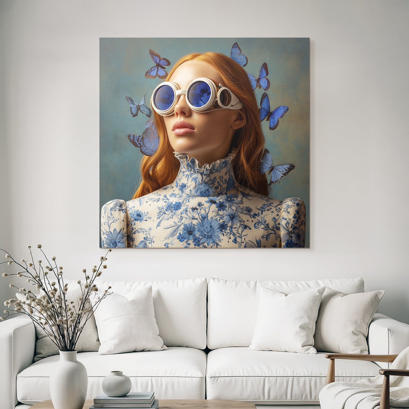 Roter Haar Model Mit Brillenschmuck Flowerkleid Und Blauen Schmetterlingen