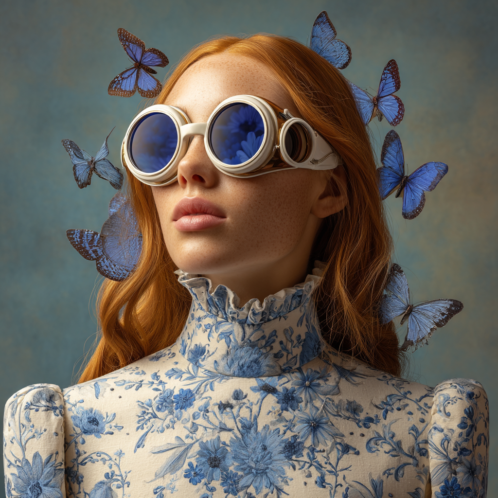 Roter Haar Model Mit Brillenschmuck Flowerkleid Und Blauen Schmetterlingen | Digital Art | Kunstgattungen