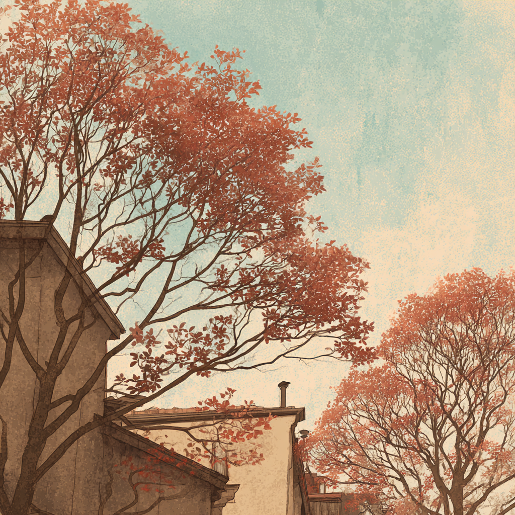 Ruhige Natur Szenen Mit Roten Blaettern Und Gebauden | Digital Art | Kunstgattungen