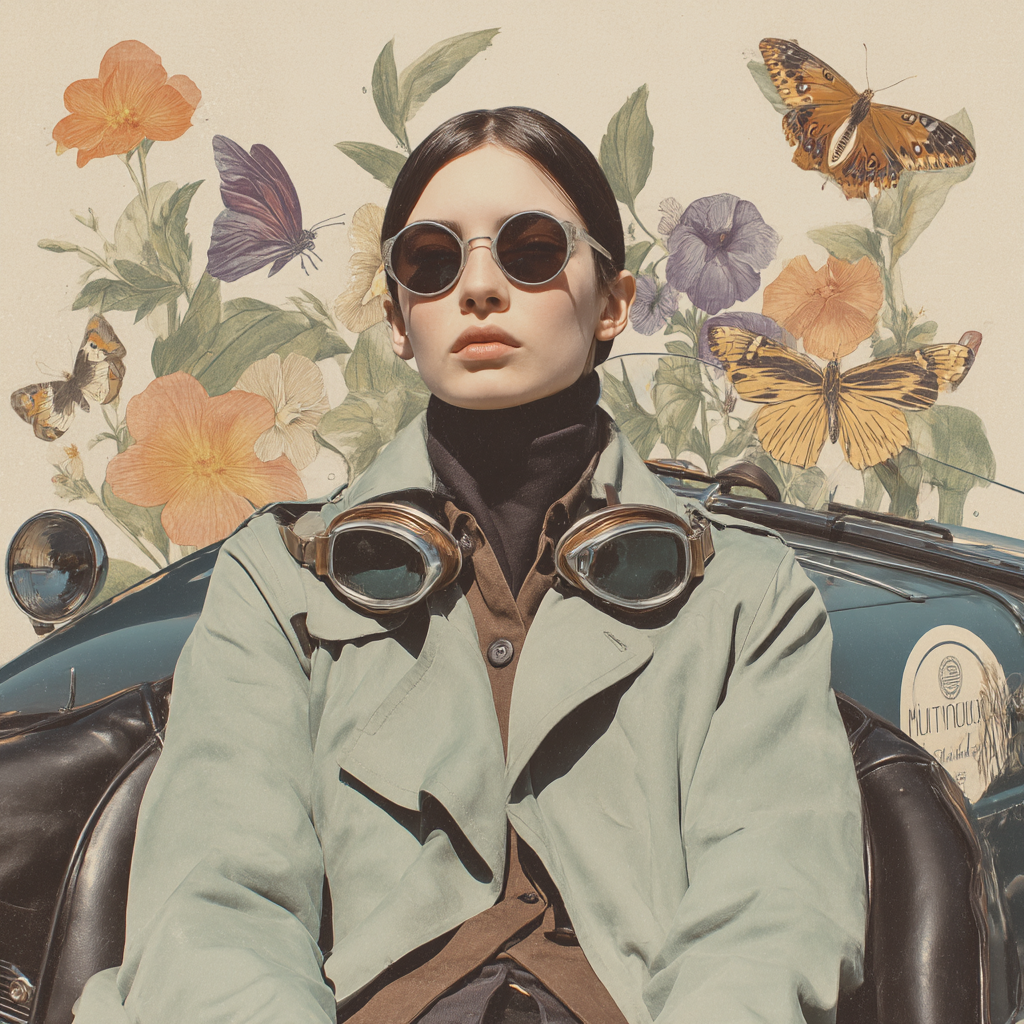 Stylische Person Vintage Auto Sonnenbrille Mit Flora Und Schmetterlingen | Digital Art | Kunstgattungen