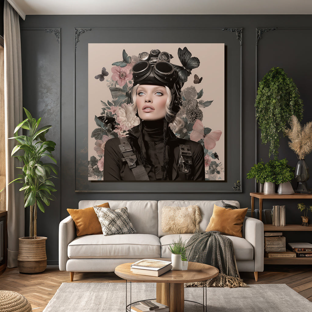 Stylisches Portrait Mit Goggles Und Blumen Und Schmetterlingen